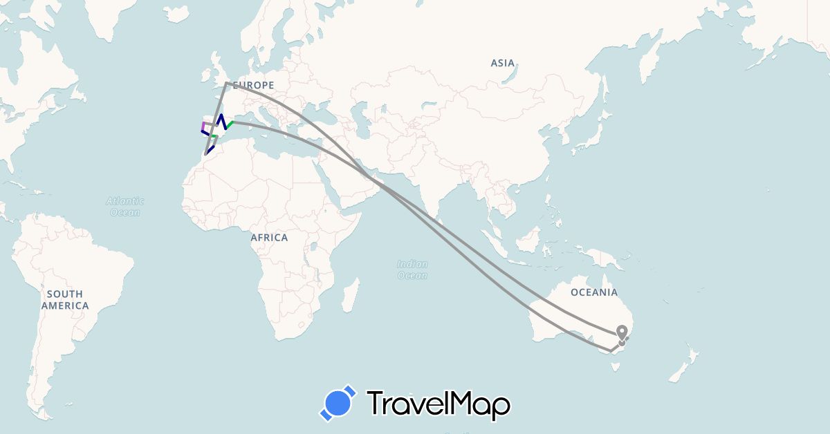 TravelMap itinerary: driving, bus, plane, train in United Arab Emirates, Australia, Spain, United Kingdom, Morocco, Portugal (Africa, Asia, Europe, Oceania)